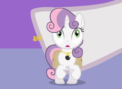 Size: 550x400 | Tagged: safe, sweetie belle, pony, unicorn, g4, bag, duo, front view, hoof hold, jewelry, necklace, saddle bag, self paradox, self ponidox, solo focus, sufferingsweetiebelle, text