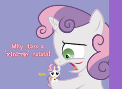 Size: 550x400 | Tagged: safe, sweetie belle, pony, unicorn, g4, bipedal, bipedal leaning, broken horn, duo, female, filly, foal, holding a pony, horn, injured, leaning, self paradox, self ponidox, simple background, size difference, sufferingsweetiebelle, text
