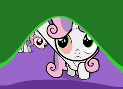 Size: 550x400 | Tagged: safe, sweetie belle, pony, unicorn, g4, blanket, duo, female, filly, foal, injured, self paradox, self ponidox, sufferingsweetiebelle, under the bed