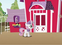 Size: 550x400 | Tagged: safe, sweetie belle, pony, unicorn, g4, building, female, filly, foal, solo, sufferingsweetiebelle, sweet apple acres