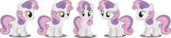 Size: 1280x288 | Tagged: safe, sweetie belle, pony, unicorn, g4, broken horn, female, filly, foal, front view, horn, injured, puppet, side view, simple background, solo, sufferingsweetiebelle, transparent background