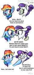 Size: 633x1400 | Tagged: safe, artist:erudier, rainbow dash, rarity, soarin', pegasus, pony, unicorn, g4, blushing, comic, cucumber, dialogue, duo, duo female, embarrassed, female, implied soarin', male, ship:soarindash, shipper on deck, shipperity, shipping