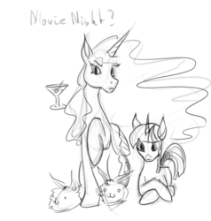 Size: 600x629 | Tagged: safe, artist:archonix, nightmare moon, twilight sparkle, g4, bunny slippers, clothes, monochrome, sketch
