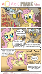 Size: 3557x6299 | Tagged: safe, artist:redapropos, discord, fluttershy, worm pony, g4, amputee, bait and switch, comic, floating, flutterbean, got your nose, legless, modular, no nose, prank, shocked