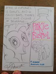 Size: 768x1024 | Tagged: safe, artist:andy price, pinkie pie, g4, advertisement, dialogue, female, food, medicine, pepto-bismol, photo, sick, solo, traditional art