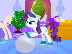 Size: 4488x3387 | Tagged: safe, artist:galekz, opalescence, rarity, pony, unicorn, g4, exercise, exercise ball, female, mare, pilates, ponyquin, potted plant, solo, wristband