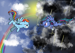 Size: 7000x5000 | Tagged: safe, artist:fluka, rainbow dash, oc, oc:grayscale force, pegasus, pony, crisis equestria, g4, absurd resolution, cloud, cloudy, fanfic, fight, lightning, rainbow