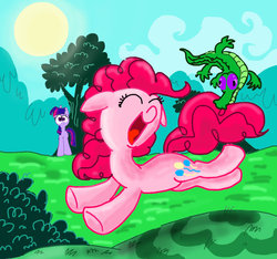 Size: 900x844 | Tagged: safe, artist:seriousdog, gummy, pinkie pie, twilight sparkle, g4, observer, pet, tail bite