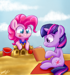 Size: 720x770 | Tagged: safe, artist:zortail, pinkie pie, twilight sparkle, pony, unicorn, g4, beach, book, bucket, clothes, sandcastle, spade, swimsuit, unicorn twilight