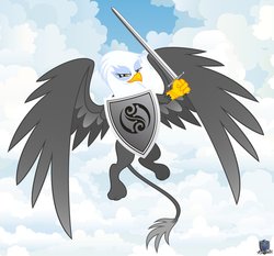 Size: 925x863 | Tagged: safe, artist:abydos91, oc, oc only, griffon, commission, flying, shield, solo, sword, weapon