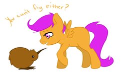 Size: 1156x691 | Tagged: safe, artist:purrling, scootaloo, bird, kiwi, g4, grin, raised hoof, scootaloo can't fly, smiling