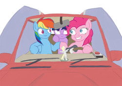 Size: 842x595 | Tagged: safe, artist:norque, derpy hooves, pinkie pie, rainbow dash, twilight sparkle, pegasus, pony, g4, car, crossover, driving, female, hoofbump, mare, megas xlr