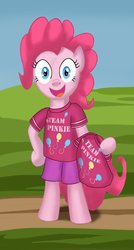Size: 654x1222 | Tagged: safe, artist:andergrin, pinkie pie, earth pony, pony, g4, bipedal, clothes, female, shirt, solo, team pinkie
