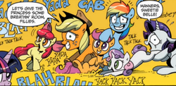 Size: 661x323 | Tagged: safe, idw, official comic, apple bloom, applejack, rainbow dash, rarity, scootaloo, sweetie belle, twilight sparkle, g4, spoiler:comic