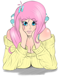Size: 579x750 | Tagged: safe, artist:globalpredatorx, fluttershy, human, g4, bra strap, breasts, busty fluttershy, cleavage, clothes, female, humanized, light skin, off shoulder, prone, solo, sweater, sweatershy
