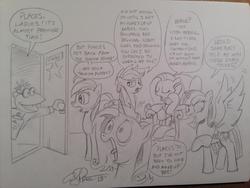 Size: 1024x768 | Tagged: safe, artist:andypriceart, applejack, fluttershy, rainbow dash, rarity, twilight sparkle, alicorn, pony, g4, andy you magnificent bastard, behind the scenes, crossover, dialogue, diva, door, female, flutterbitch, mare, scooter (muppet), the muppets, traditional art, twilight sparkle (alicorn), working