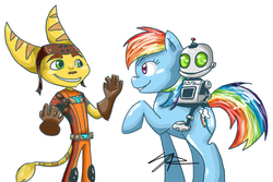 Size: 1024x686 | Tagged: safe, artist:dynastisgoopis, rainbow dash, g4, clank, crossover, ratchet, ratchet and clank, riding