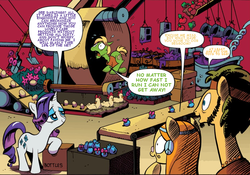 Size: 911x638 | Tagged: safe, artist:andy price, edit, idw, official comic, flax seed, rarity, wheat grass, chicken, pony, unicorn, g4, micro-series #3, my little pony micro-series, spoiler:comic, comic, female, male, mare, stallion, text edit