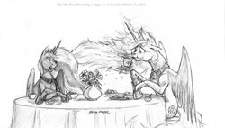 Size: 1280x725 | Tagged: safe, artist:baron engel, princess celestia, princess luna, g4, drink, grayscale, monochrome, palindrome get, pencil drawing, spit take, table, talking, traditional art