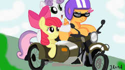 Size: 1280x720 | Tagged: safe, artist:jbond, apple bloom, scootaloo, sweetie belle, earth pony, pegasus, pony, unicorn, g4, cutie mark crusaders, female, filly, foal, glasses, helmet, motorcycle, open mouth, signature