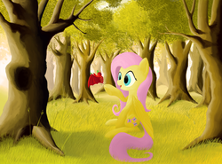 Size: 2000x1480 | Tagged: safe, artist:phiktorial, fluttershy, fruit bat, pegasus, pony, g4, autumn, big eyes, colorful, digital art, digital painting, grass, solo