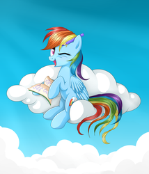 Size: 3000x3500 | Tagged: safe, artist:vird-gi, rainbow dash, pegasus, pony, g4, book, cloud, cloudy, diary, female, on a cloud, one eye closed, pencil, solo, wink