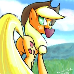 Size: 2000x2000 | Tagged: safe, artist:kanashiipanda, applejack, earth pony, pony, g4, apple, butt, female, looking at you, mare, mouth hold, plot, solo