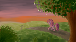 Size: 1920x1080 | Tagged: safe, artist:eytosh, pinkie pie, g4, female, path, scenery, solo, sunset, tree