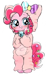 Size: 931x1554 | Tagged: safe, artist:momo, pinkie pie, cat, pony, ask harajukupinkiepie, g4, bell, bell collar, bipedal, blushing, bow, clothes, collar, costume, cute, diapinkes, eye clipping through hair, female, grin, kigurumi, looking at you, pajamas, pinkie cat, smiling, solo