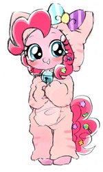 Size: 931x1554 | Tagged: safe, artist:momo, pinkie pie, cat, pony, ask harajukupinkiepie, g4, bell, bell collar, bipedal, blushing, bow, clothes, collar, costume, cute, diapinkes, eye clipping through hair, female, grin, kigurumi, looking at you, onesie, pajamas, pinkie cat, smiling, solo