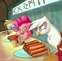 Size: 1931x1881 | Tagged: safe, artist:kanashiipanda, gilda, pinkie pie, earth pony, griffon, pony, g4, contest, eating contest, female, food, futhark, hot dog, ketchup, mare, mustard, ponies eating meat, quadrupedal, runes, table