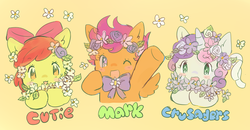 Size: 722x376 | Tagged: safe, artist:uutan, apple bloom, scootaloo, sweetie belle, g4, adorabloom, bow, cute, cutealoo, cutie mark crusaders, diasweetes, floral head wreath, flower, happy, no more ponies at source