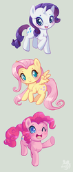 Size: 702x1650 | Tagged: safe, artist:mazzlebee, fluttershy, pinkie pie, rarity, g4, blushing, cute, open mouth, pointing, raised hoof, silly face, smiling, spread wings, wide eyes, wink