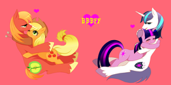 Size: 1800x900 | Tagged: safe, artist:yuzuko, applejack, big macintosh, shining armor, twilight sparkle, earth pony, pony, g4, bbbff, big brother, hug, male, pixiv, siblings, stallion