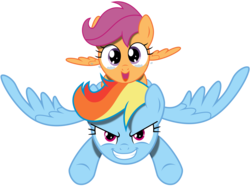 Size: 9000x6711 | Tagged: safe, artist:kysss90, rainbow dash, scootaloo, pegasus, pony, g4, absurd resolution, crying, female, filly, flying, foal, grin, gritted teeth, happy, mare, open mouth, open smile, ponies riding ponies, riding, scootaloo riding rainbow dash, scootalove, simple background, smiling, spread wings, tears of joy, teary eyes, teeth, transparent background, vector, wings