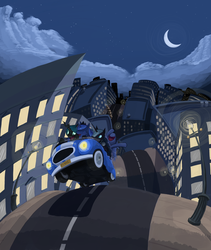 Size: 1380x1632 | Tagged: safe, artist:bakuel, nightmare moon, princess luna, queen chrysalis, alicorn, changeling, changeling queen, pony, g4, car, city, cityscape, driving, lunar trinity, night, riding, s1 luna, surreal