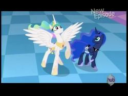 Size: 720x540 | Tagged: safe, screencap, princess celestia, princess luna, alicorn, pony, g4, princess twilight sparkle (episode), season 4, duo, duo female, female, frown, hub logo, letterboxing, logo, no tail, raised hoof, royal sisters, siblings, sisters, spread wings, the hub, wide eyes