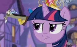 Size: 500x306 | Tagged: safe, screencap, discord, twilight sparkle, alicorn, pony, g4, princess twilight sparkle (episode), season 4, female, mare, twilight sparkle (alicorn), twilight sparkle is not amused, unamused