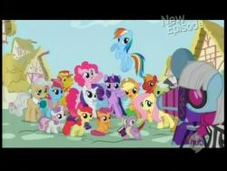 Size: 720x540 | Tagged: safe, screencap, apple bloom, applejack, big macintosh, carrot cake, cup cake, fluttershy, granny smith, mayor mare, photo finish, pinkie pie, rainbow dash, rarity, scootaloo, snails, snips, spike, sweetie belle, twilight sparkle, zecora, alicorn, earth pony, pegasus, pony, unicorn, zebra, g4, season 4, apple siblings, apple sisters, belle sisters, brother and sister, colt, corporate photo, cutie mark crusaders, female, filly, foal, letterboxing, male, mane six, mare, siblings, sisters, stallion, theme song, twilight sparkle (alicorn), wingless spike