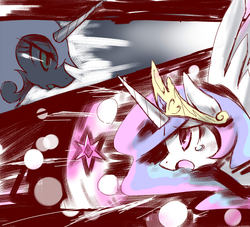 Size: 1000x908 | Tagged: safe, artist:kolshica, nightmare moon, princess celestia, alicorn, pony, g4, fight, scene interpretation