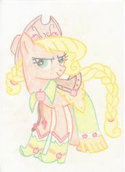 Size: 1489x2048 | Tagged: safe, artist:retromadnesszone, applejack, g4, clothes, dress, female, gala dress, looking at you, solo, traditional art