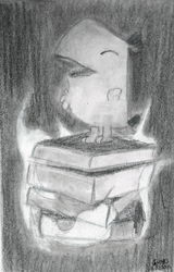 Size: 1024x1597 | Tagged: safe, artist:chriscstick, peewee, g4, book, fire, male, monochrome, solo, traditional art