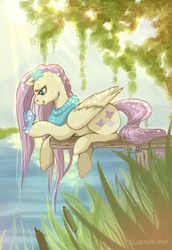 Size: 1100x1600 | Tagged: safe, artist:blueteardrop, fluttershy, butterfly, insect, g4, animal, female, grass, solo, water
