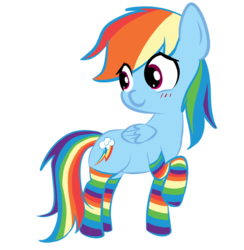Size: 883x905 | Tagged: safe, artist:flaminbunny, rainbow dash, pegasus, pony, g4, blushing, clothes, female, rainbow socks, raised hoof, simple background, socks, solo, standing, striped socks