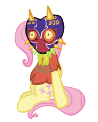 Size: 413x516 | Tagged: safe, artist:flaminbunny, fluttershy, g4, clothes, crossover, female, mask, nintendo, simple background, sitting, skull kid, solo, the legend of zelda, the legend of zelda: majora's mask
