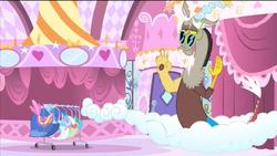 Size: 1280x720 | Tagged: safe, edit, edited screencap, screencap, discord, draconequus, g4, green isn't your color, my little pony: friendship is magic, the return of harmony, carousel boutique, clothes, cloud, dress, gala dress, male, saddle, solo, sunglasses, tack