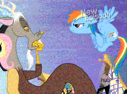 Size: 475x354 | Tagged: safe, screencap, discord, fluttershy, rainbow dash, draconequus, pegasus, pony, g4, princess twilight sparkle (episode), season 4, all new, animated, discord being discord, female, gif, hub logo, kick, kick in the butt, kicking, male, mare, modular, new episode, offscreen character, text