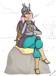 Size: 1188x1606 | Tagged: safe, artist:hamflo, fluttershy, human, g4, armor, arrow, cape, clothes, drawfag, drinking, feather, female, grass, helmet, humanized, islam, islamashy el fatih, light skin, ottoman, sipahi, sitting, soldier, solo, sword, tea, tree, turkic, turkish, warrior