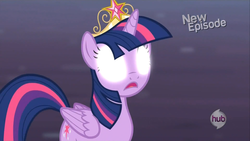 Size: 1920x1080 | Tagged: safe, screencap, twilight sparkle, alicorn, pony, g4, princess twilight sparkle (episode), season 4, big crown thingy, crown, element of magic, female, folded wings, frown, glowing eyes, hub logo, jewelry, logo, mare, open mouth, regalia, solo, the hub, twilight sparkle (alicorn), wings