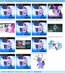 Size: 1096x1230 | Tagged: safe, pinkie pie, princess celestia, principal celestia, spike, twilight sparkle, alicorn, dragon, human, pony, unicorn, derpibooru, equestria girls, g4, female, male, mare, spoiler, unicorn twilight